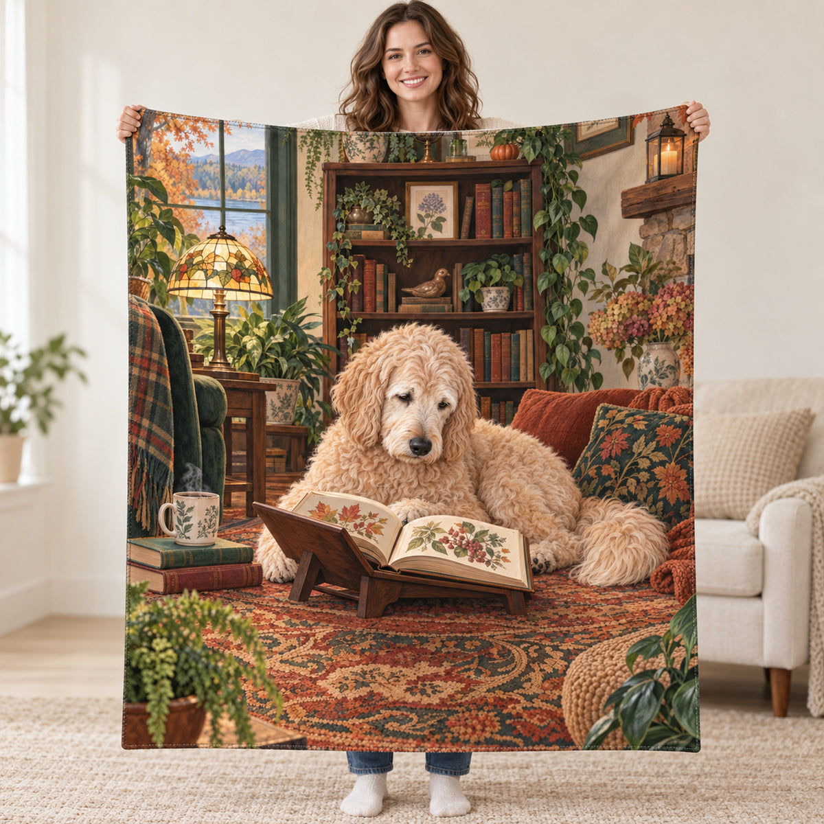Fern and Lamplight blanket, held open