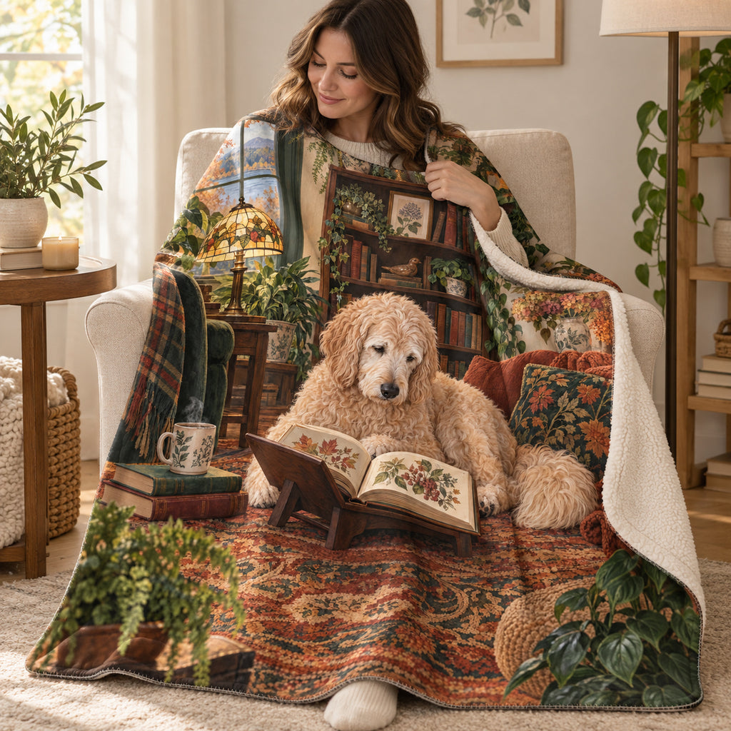 Fern and Lamplight blanket, wrapped around a reader