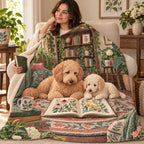 Doodle and Pup blanket, wrapped around a reader