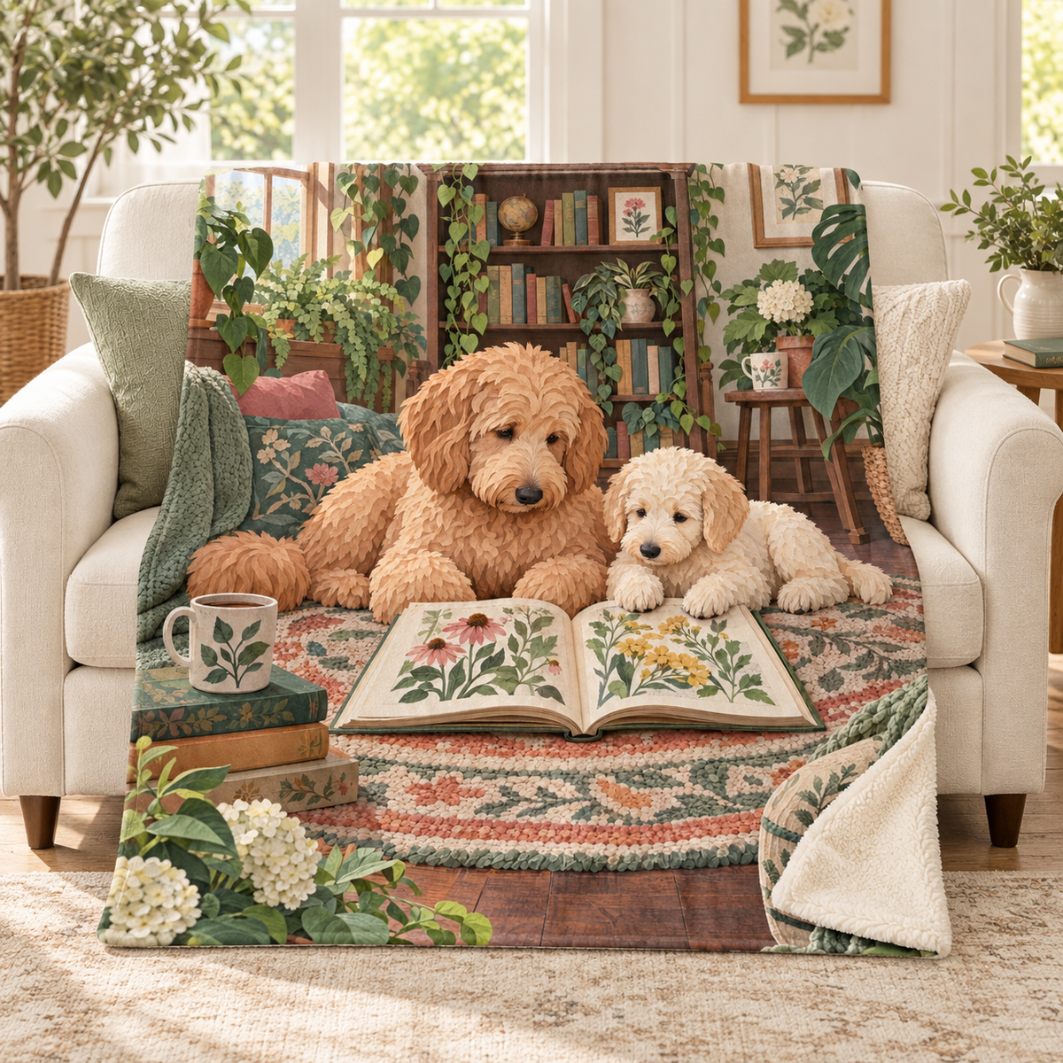 Doodle and Pup blanket, on a sofa