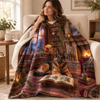 The Fireside Scholar blanket, wrapped around a reader