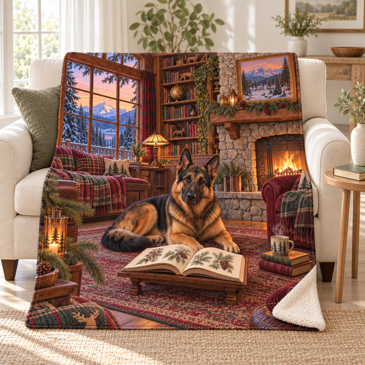 The Fireside Scholar blanket, on a sofa