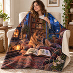 Moonlit Mountains blanket, wrapped around a reader