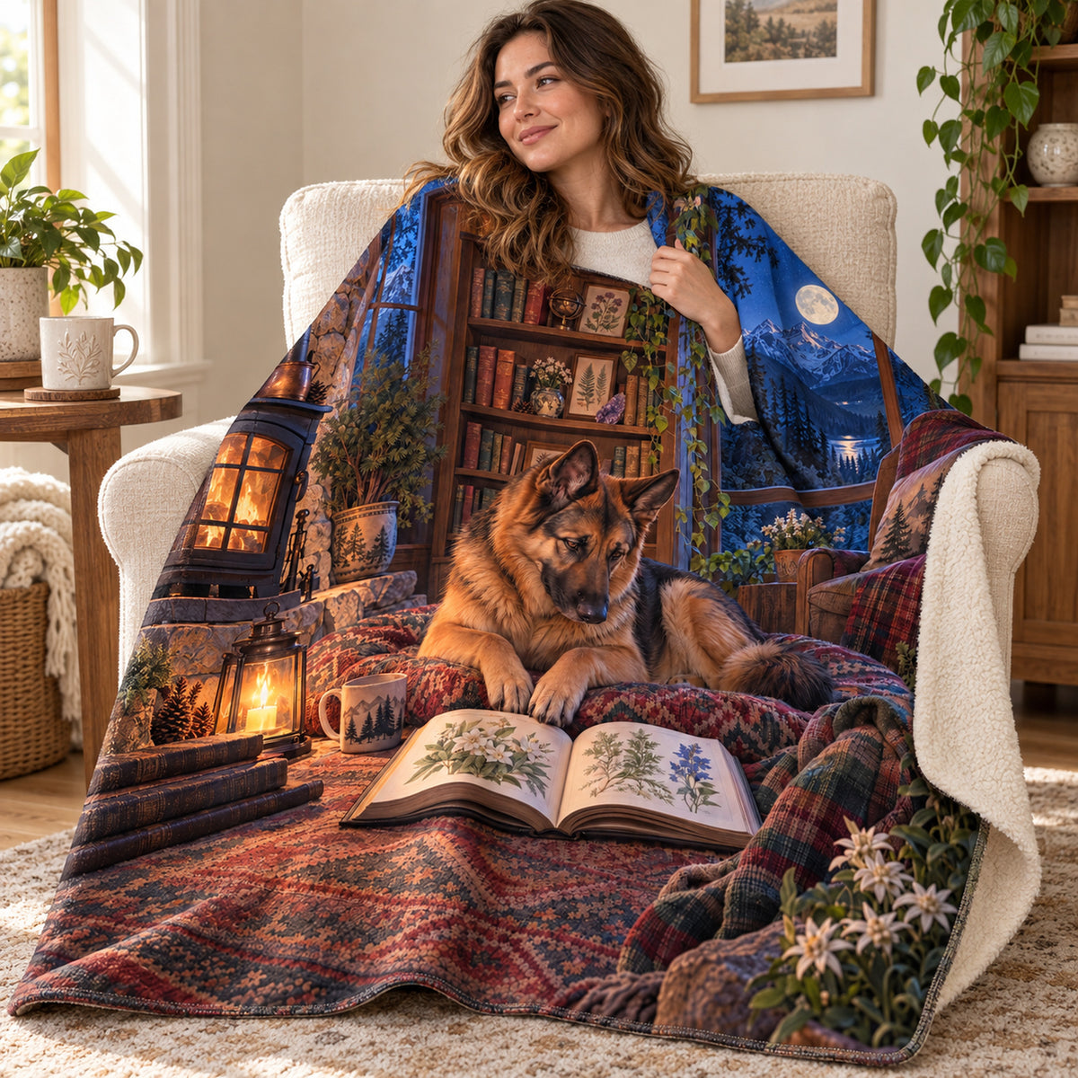 Moonlit Mountains blanket, wrapped around a reader