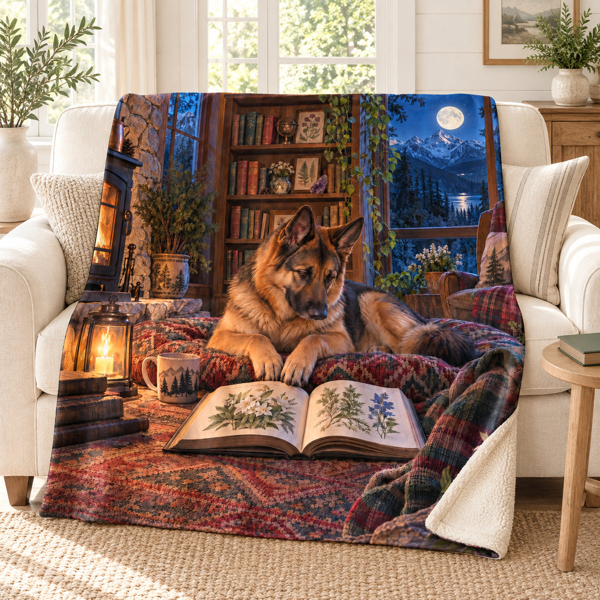 Moonlit Mountains blanket, on a sofa