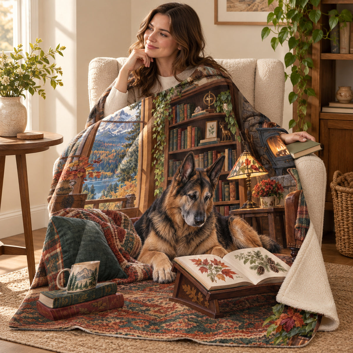 Lakeview Lodge blanket, wrapped around a reader