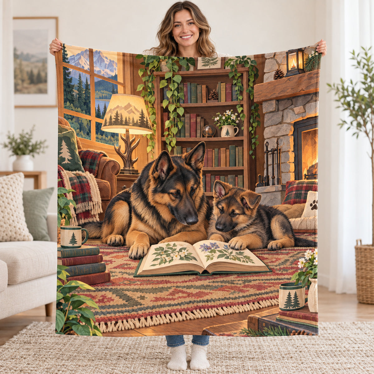 Shepherd and Pup blanket, held open