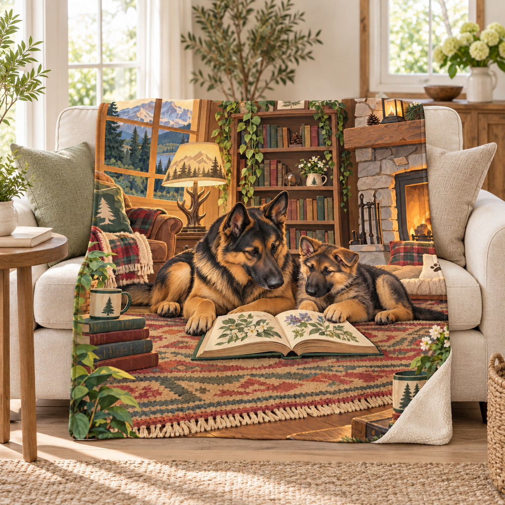 Shepherd and Pup blanket, on a sofa