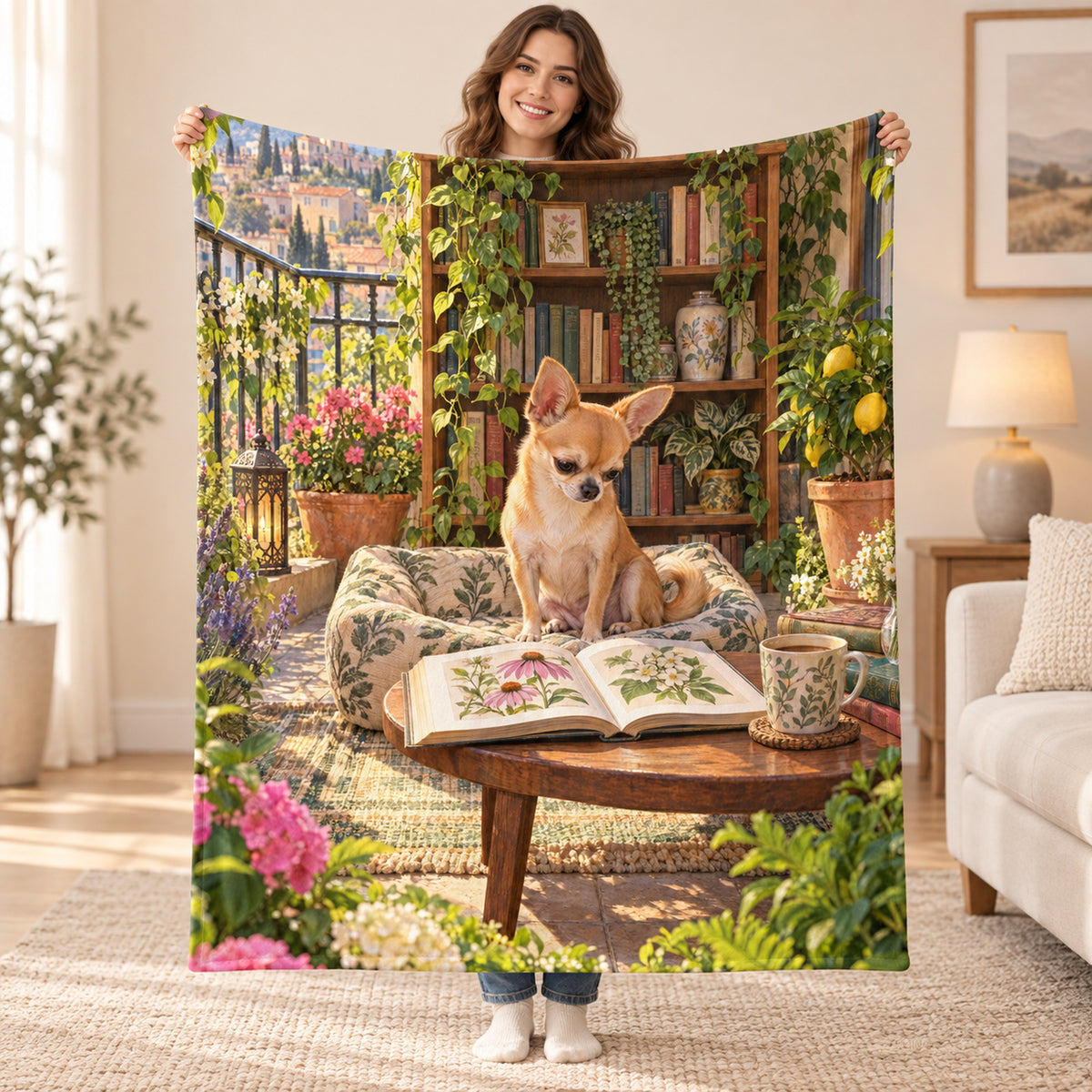 Lemon Tree Balcony blanket, held open