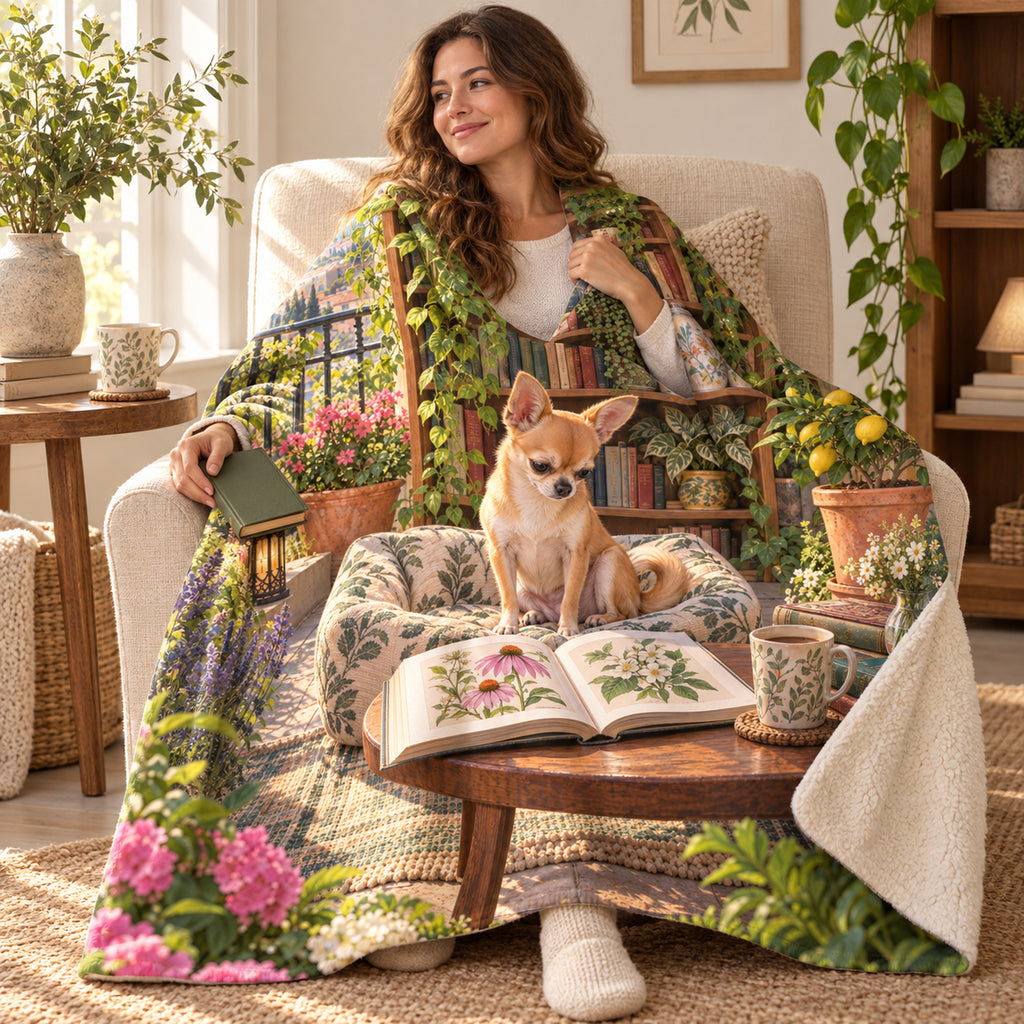 Lemon Tree Balcony blanket, wrapped around a reader