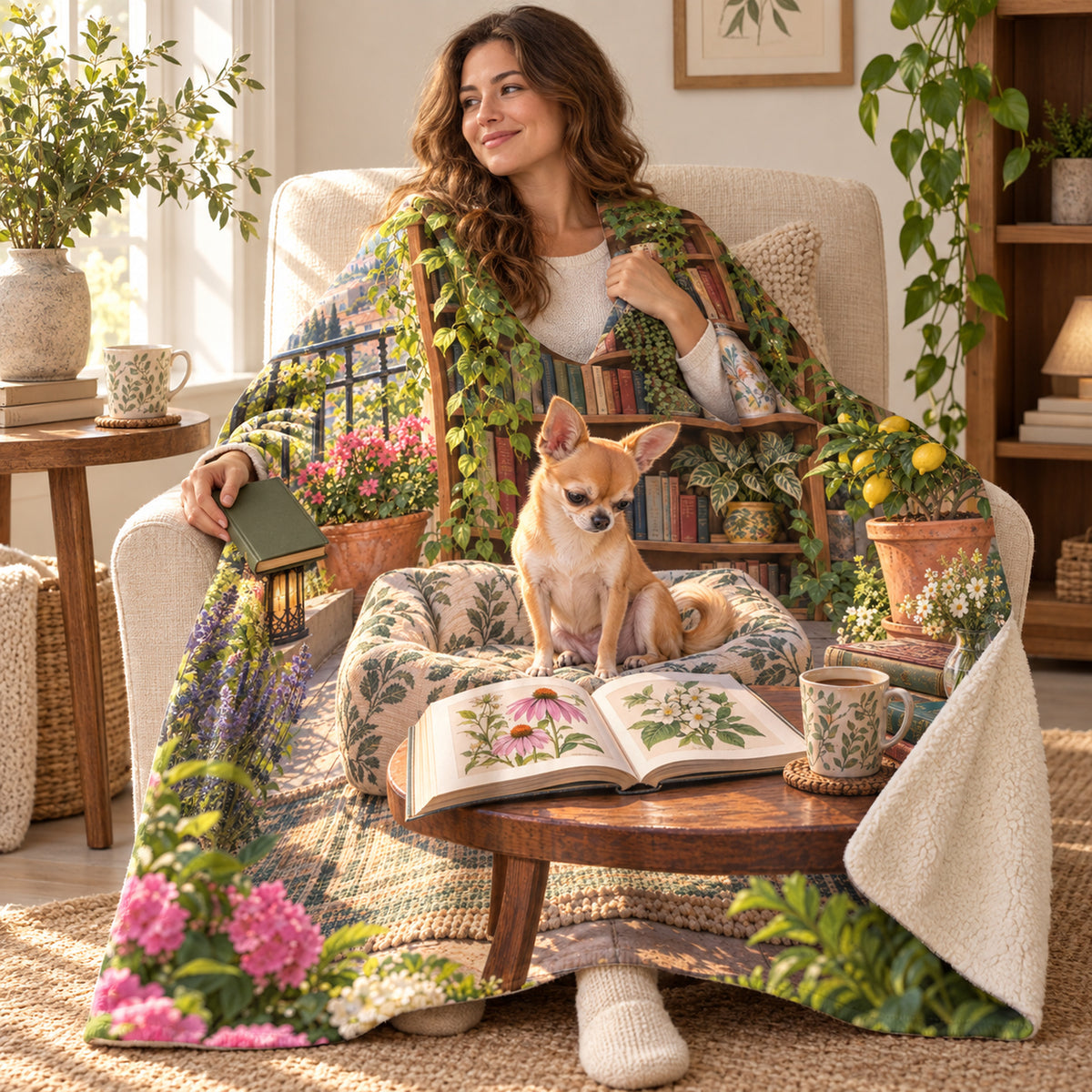 Lemon Tree Balcony blanket, wrapped around a reader