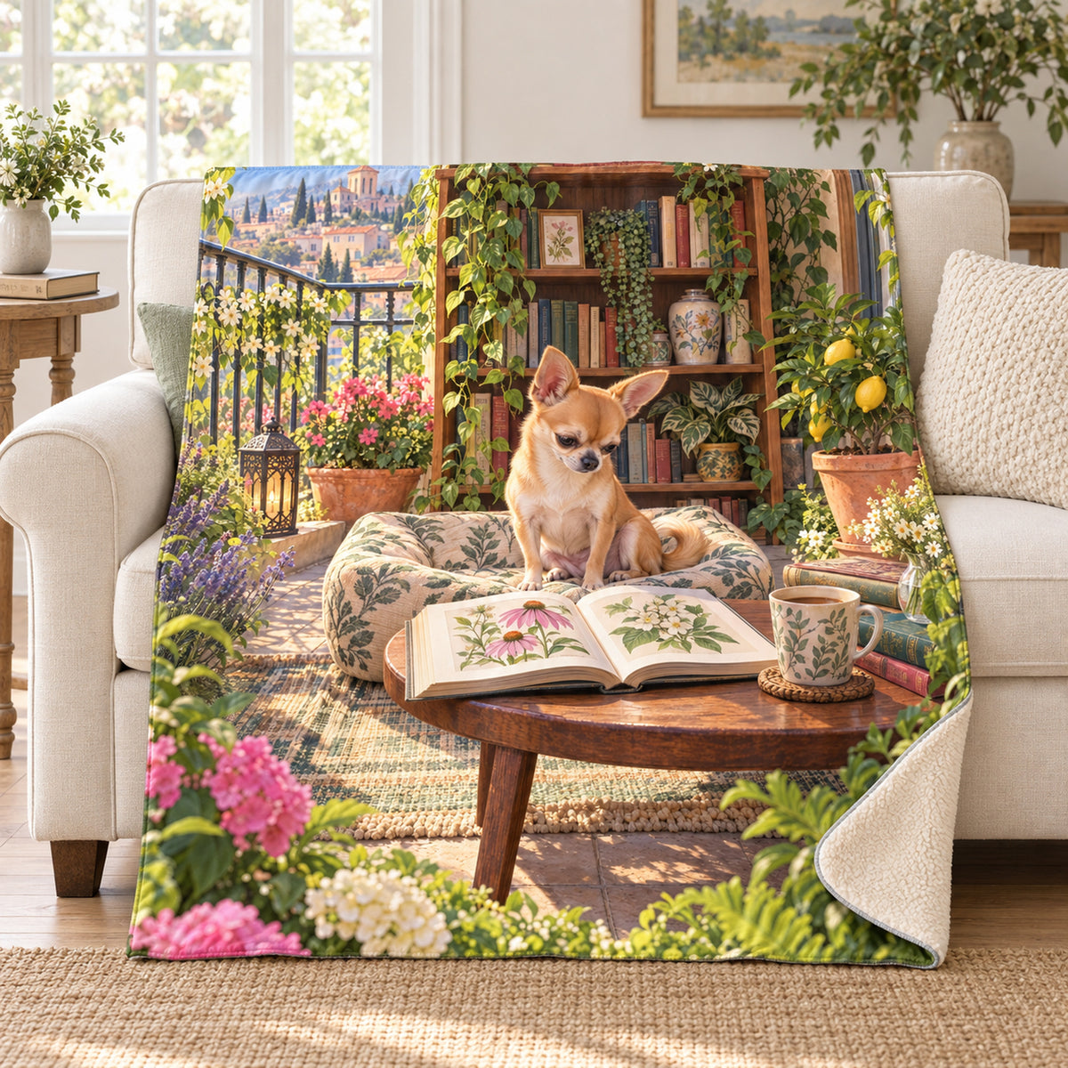 Lemon Tree Balcony blanket, on a sofa
