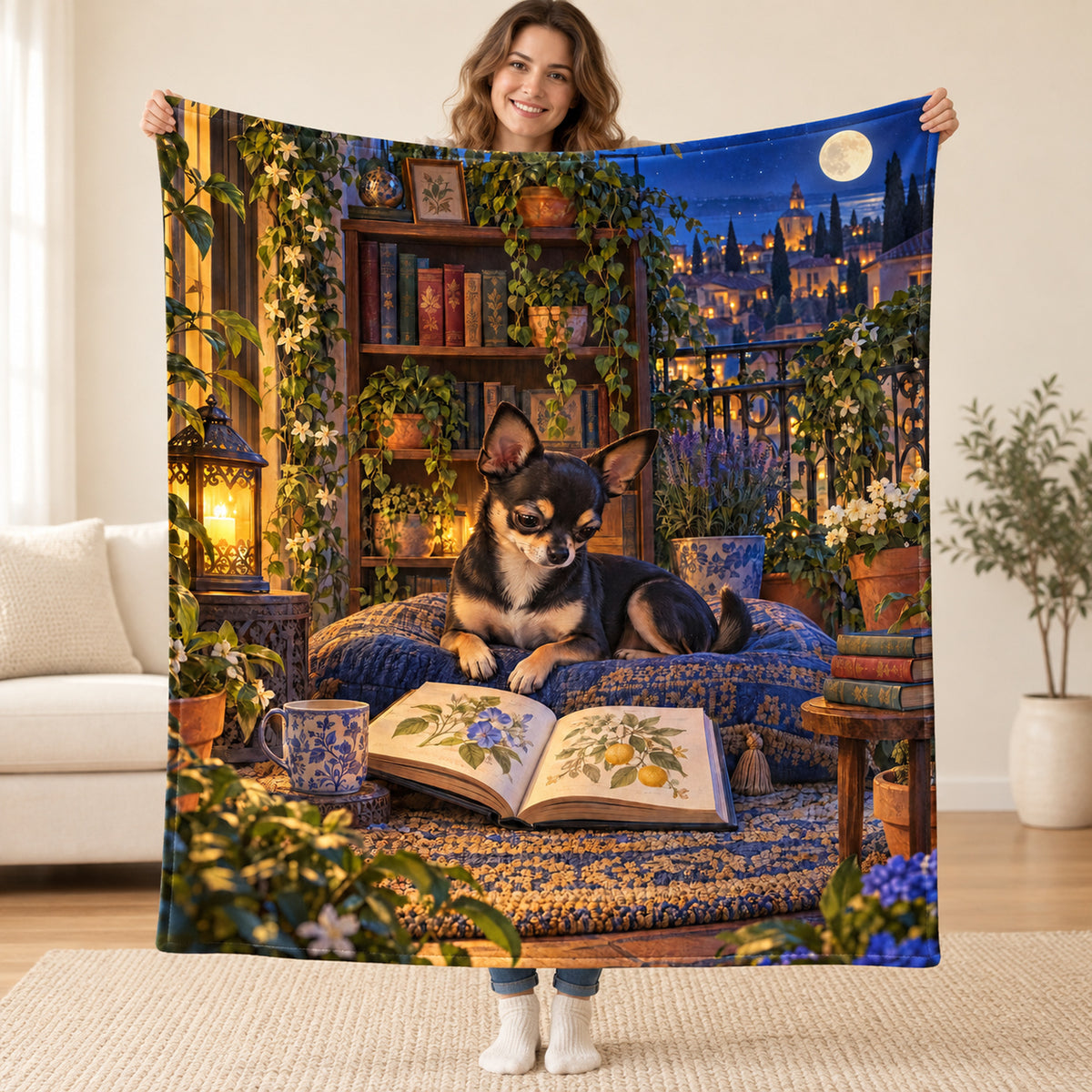 Moonlit Hilltown blanket, held open