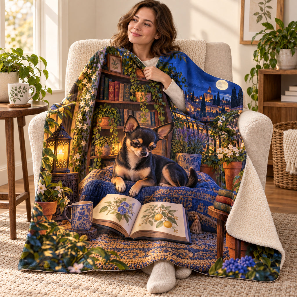 Moonlit Hilltown blanket, wrapped around a reader