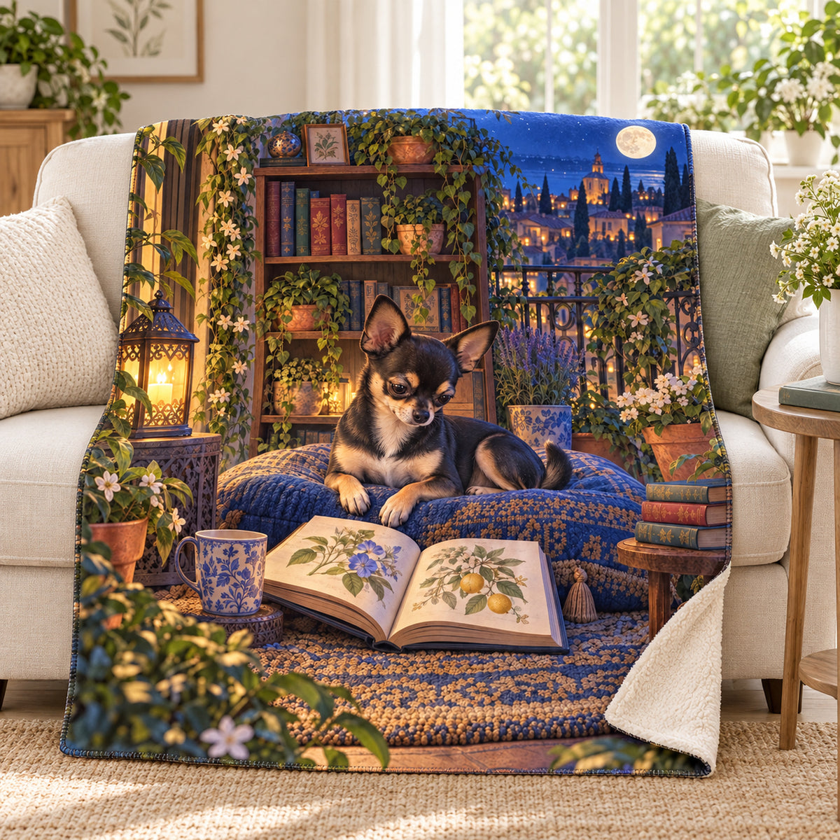 Moonlit Hilltown blanket, on a sofa
