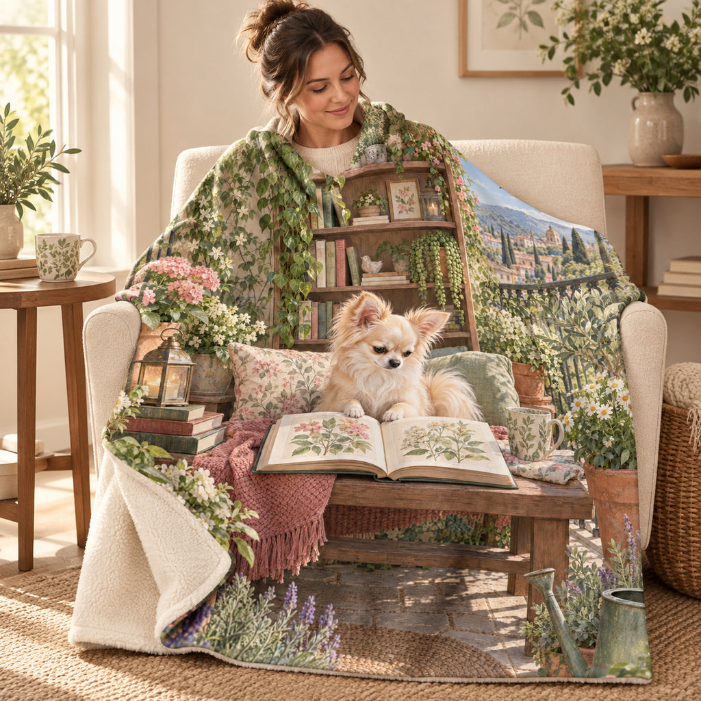 Jasmine Terrace blanket, wrapped around a reader