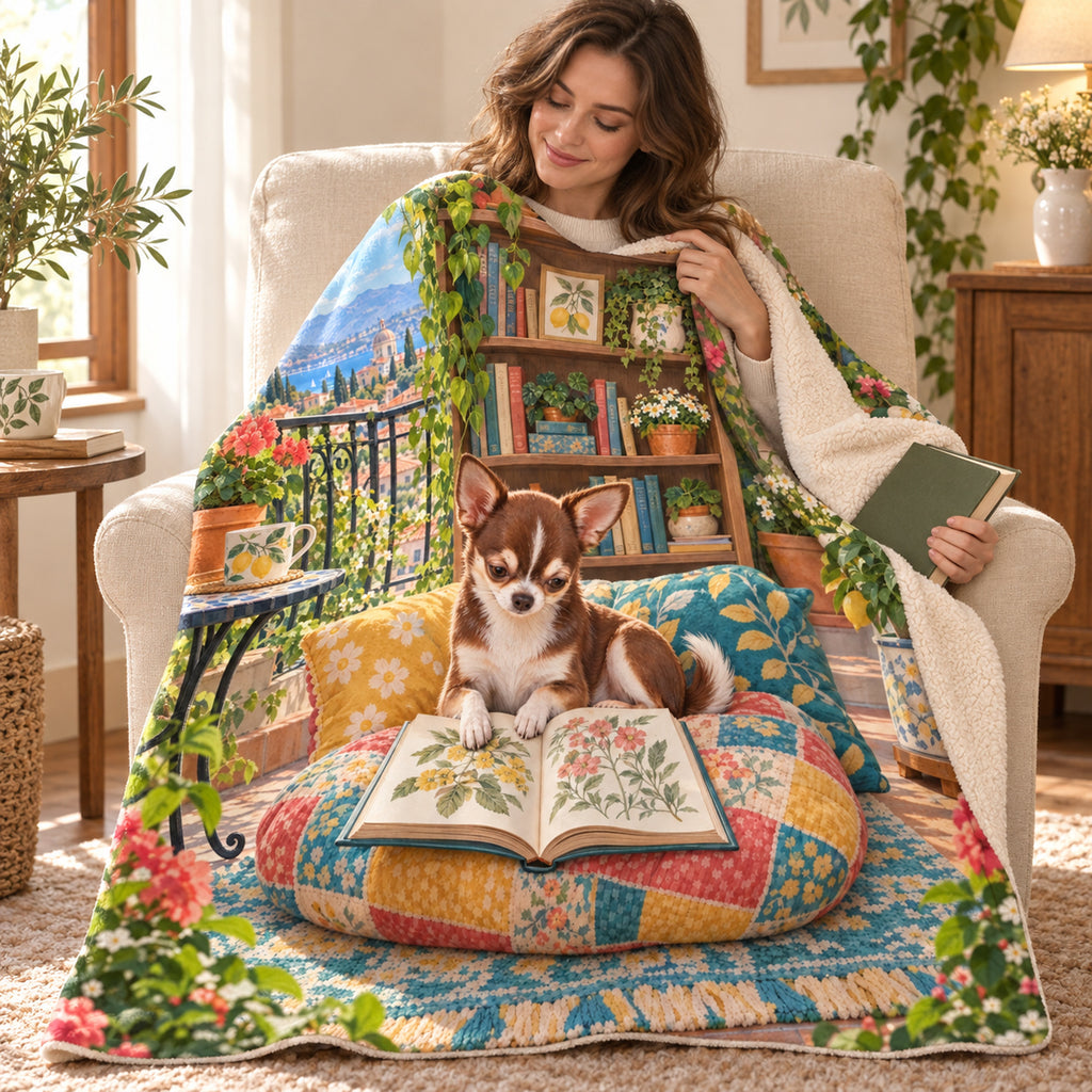 Patchwork Cushion blanket, wrapped around a reader