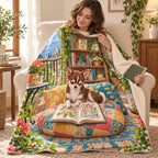 Patchwork Cushion blanket, wrapped around a reader