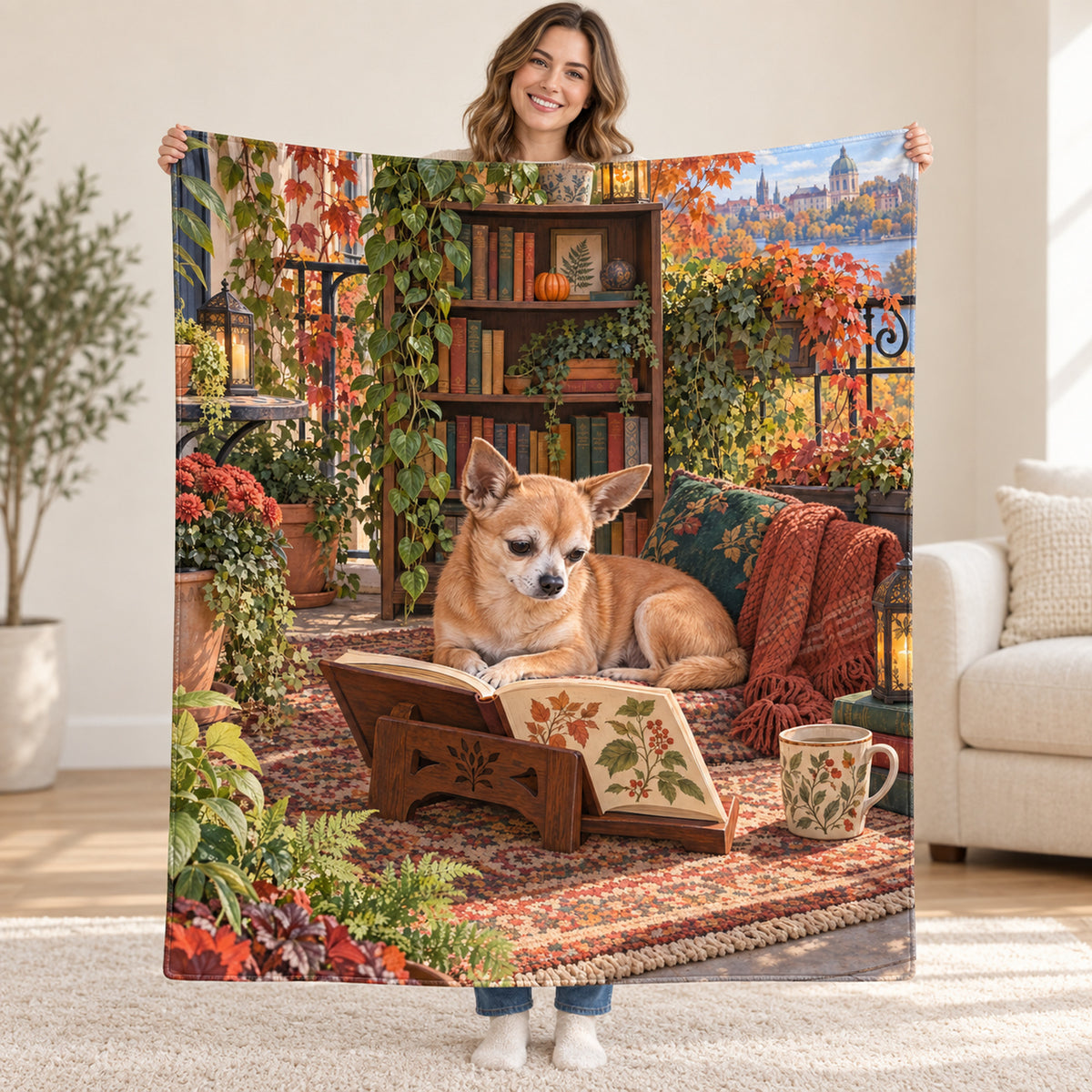Autumn Balcony blanket, held open