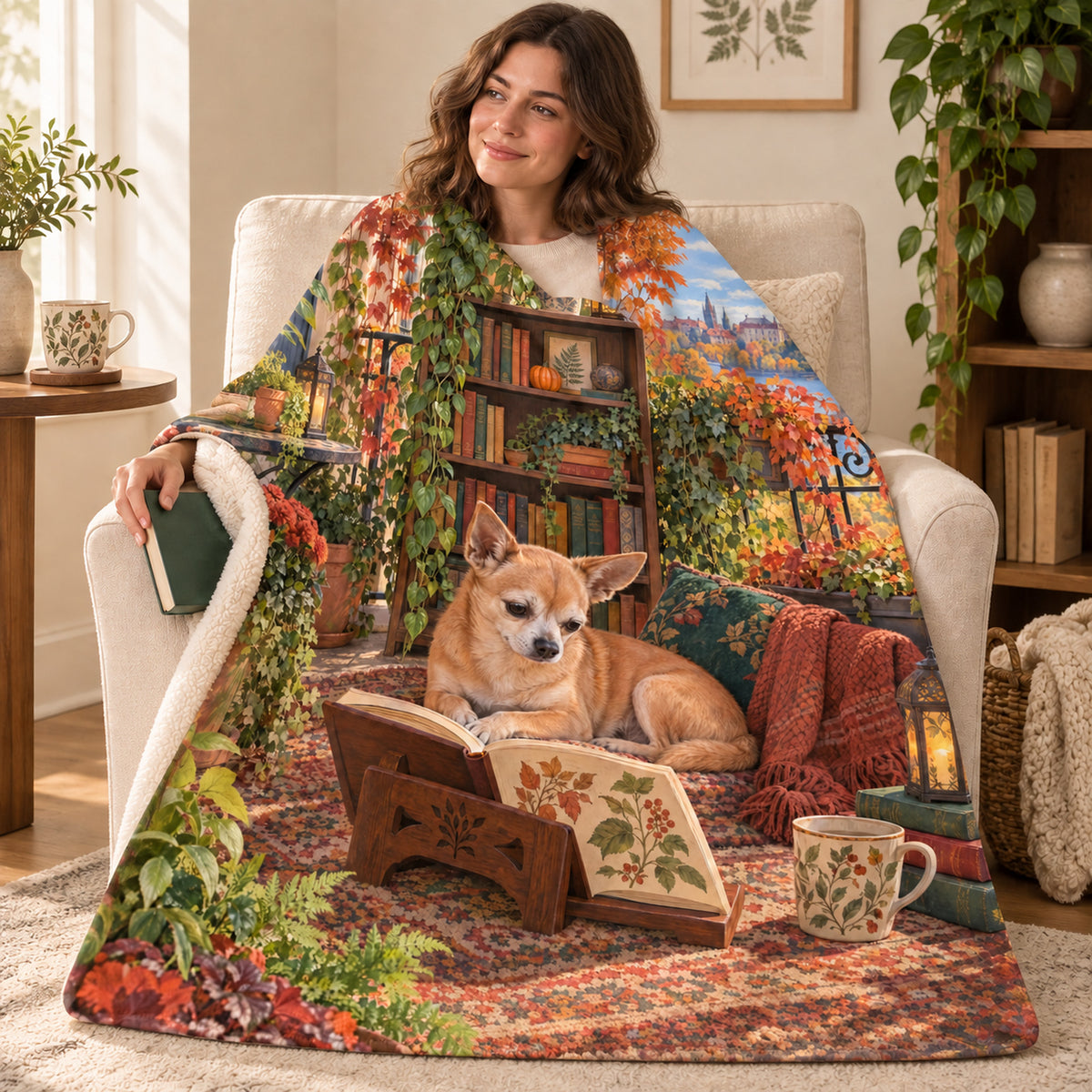 Autumn Balcony blanket, wrapped around a reader