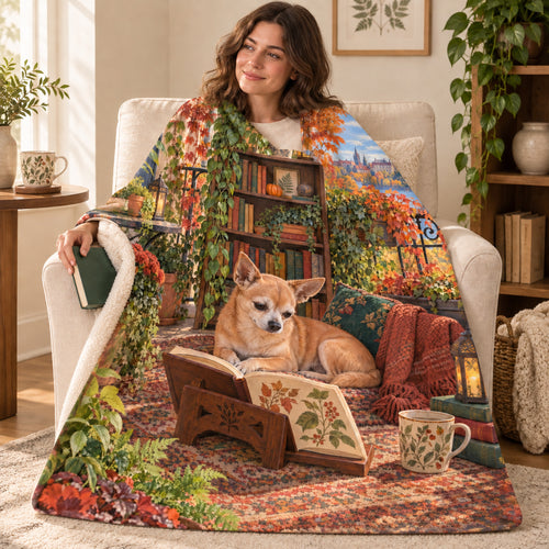 Autumn Balcony blanket, wrapped around a reader