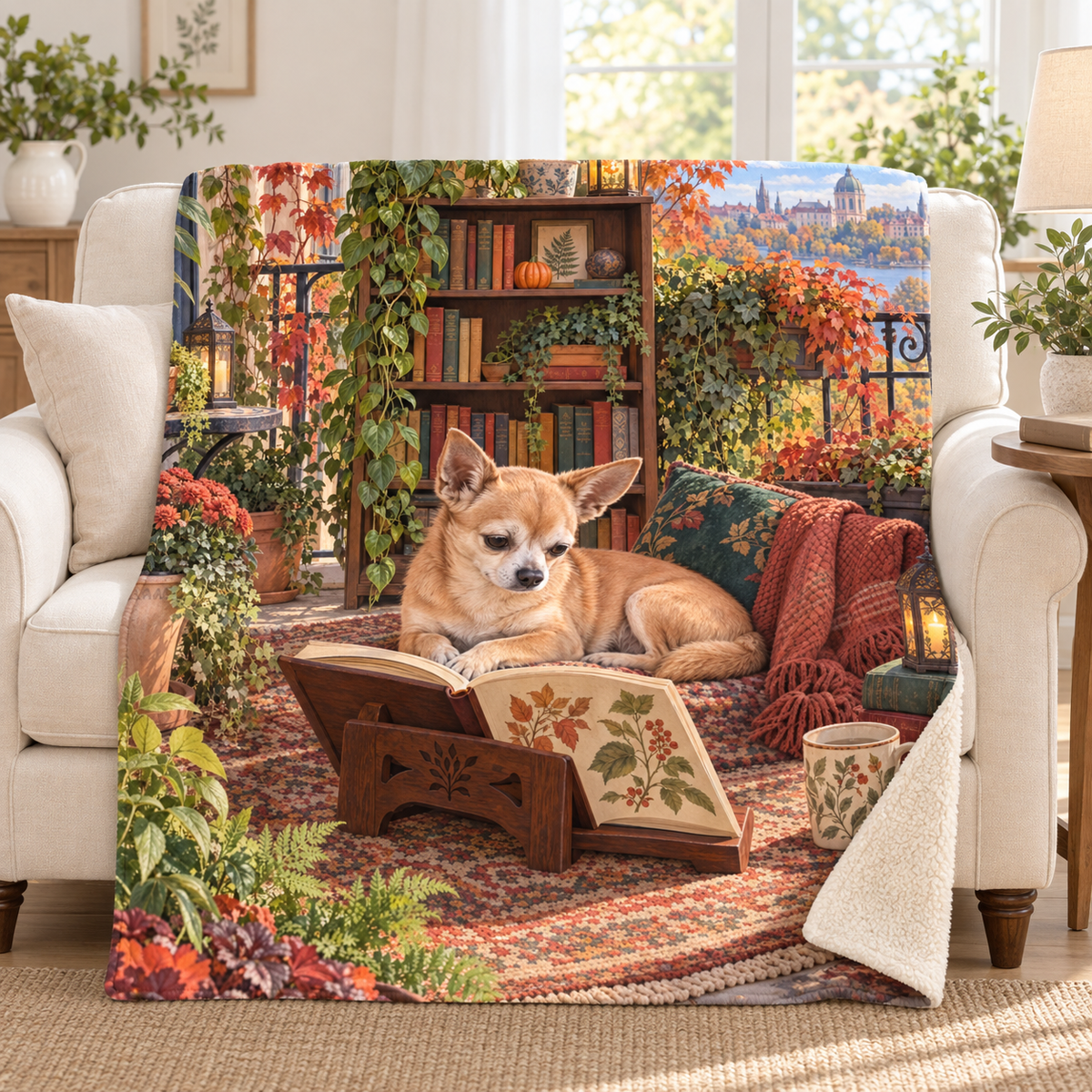Autumn Balcony blanket, on a sofa