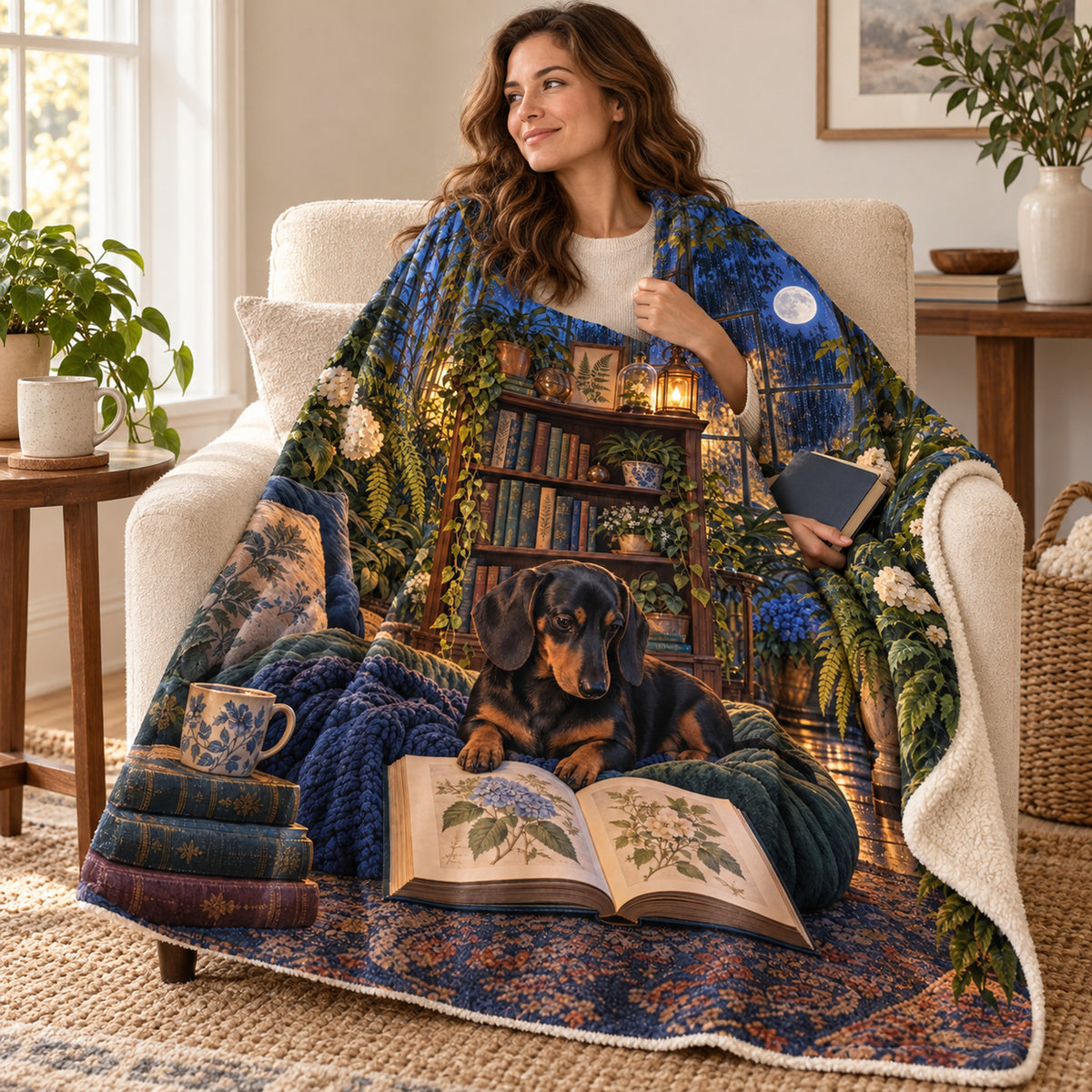 Moonlit Fernery blanket, wrapped around a reader