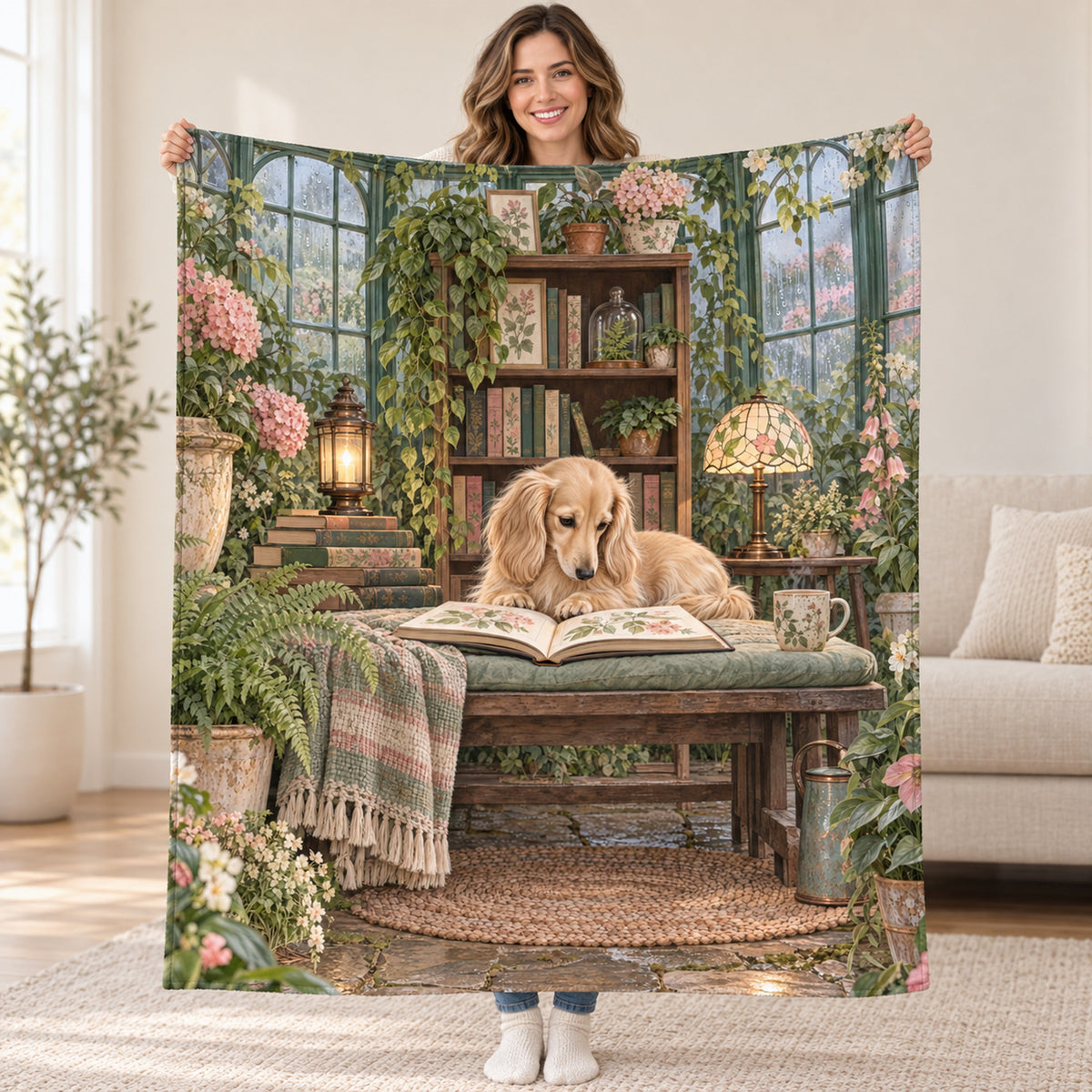 Conservatory Bench blanket, held open
