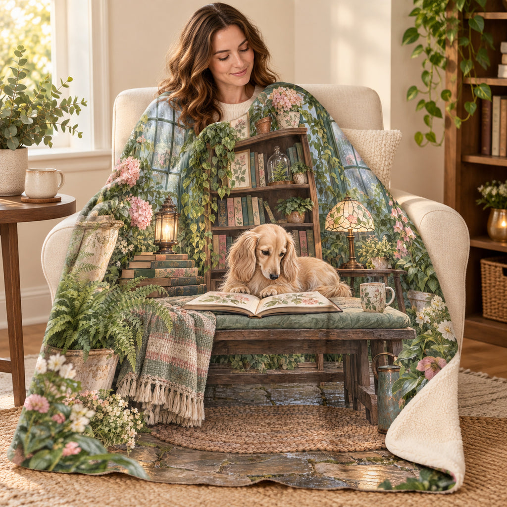 Conservatory Bench blanket, wrapped around a reader