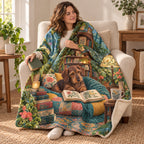 Velvet Reading Nook blanket, wrapped around a reader
