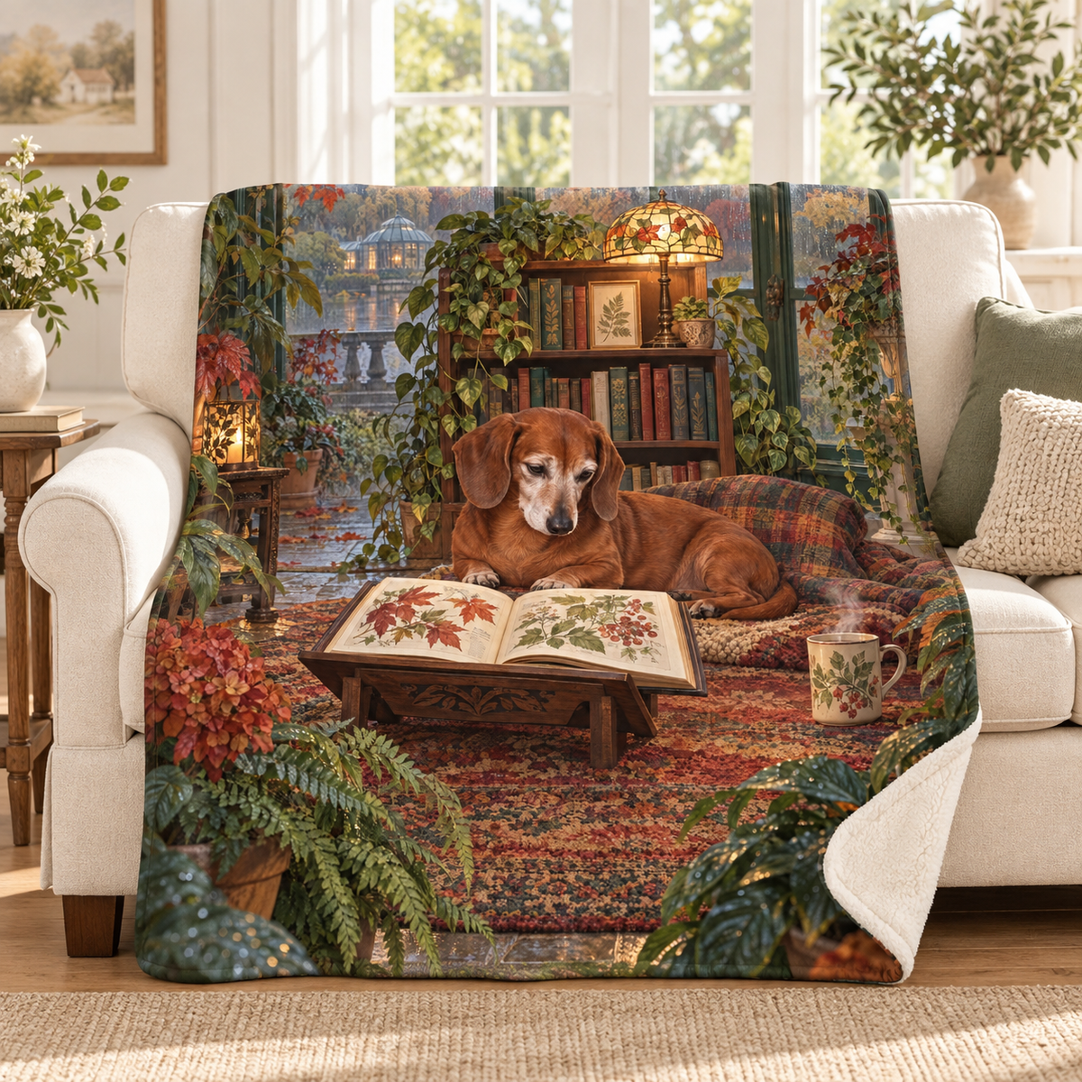 Autumn Window Seat blanket, on a sofa