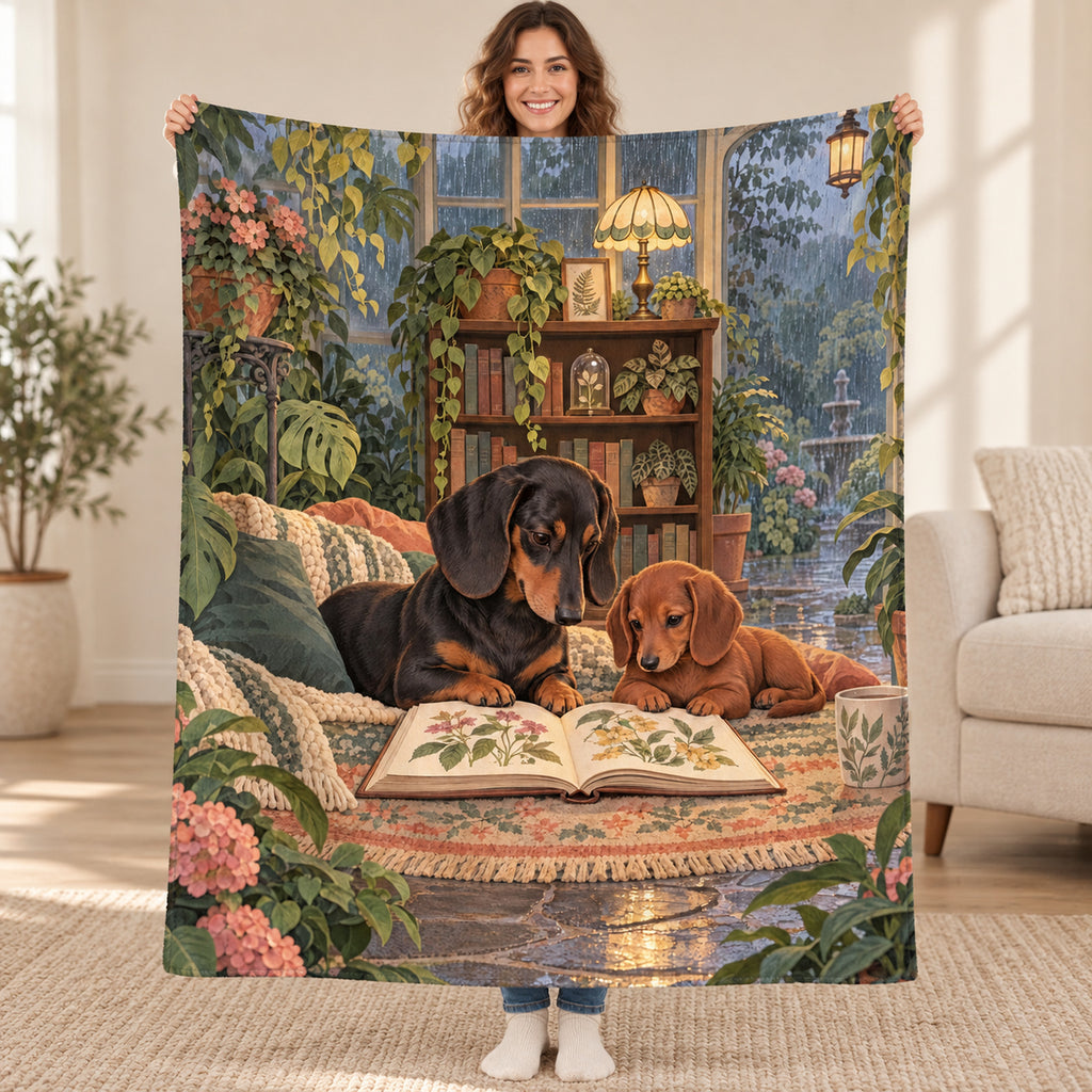 Two Dachshunds blanket, held open