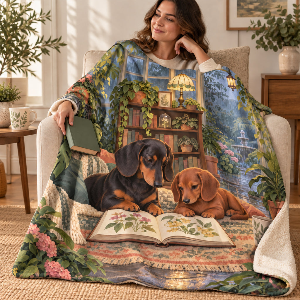 Two Dachshunds blanket, wrapped around a reader