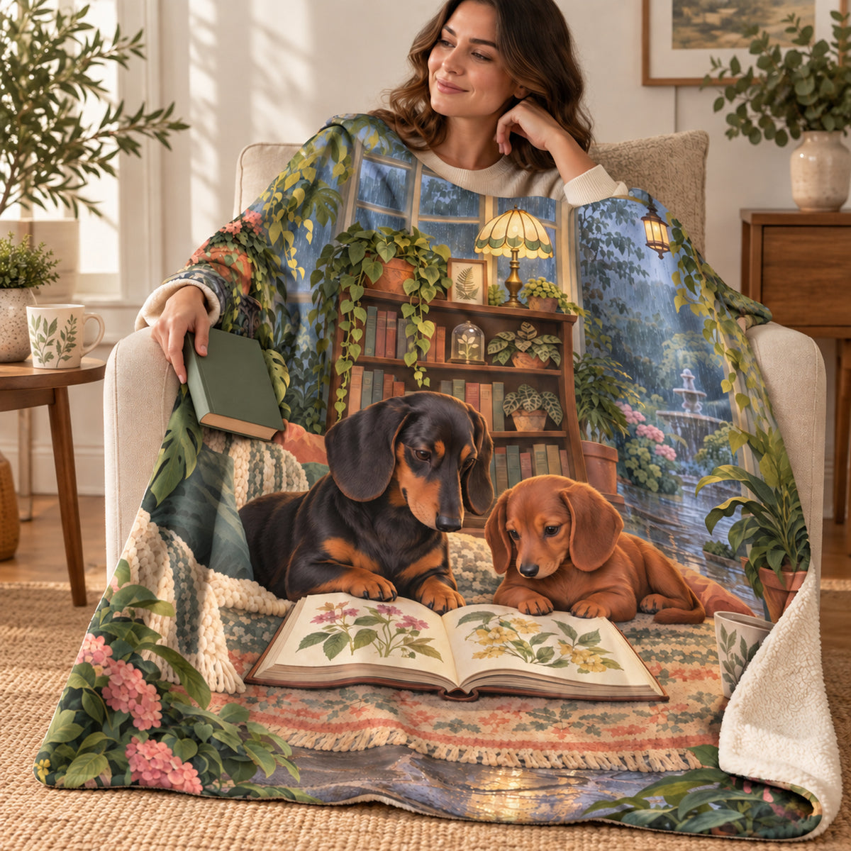 Two Dachshunds blanket, wrapped around a reader
