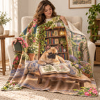 Courtyard Library blanket, wrapped around a reader