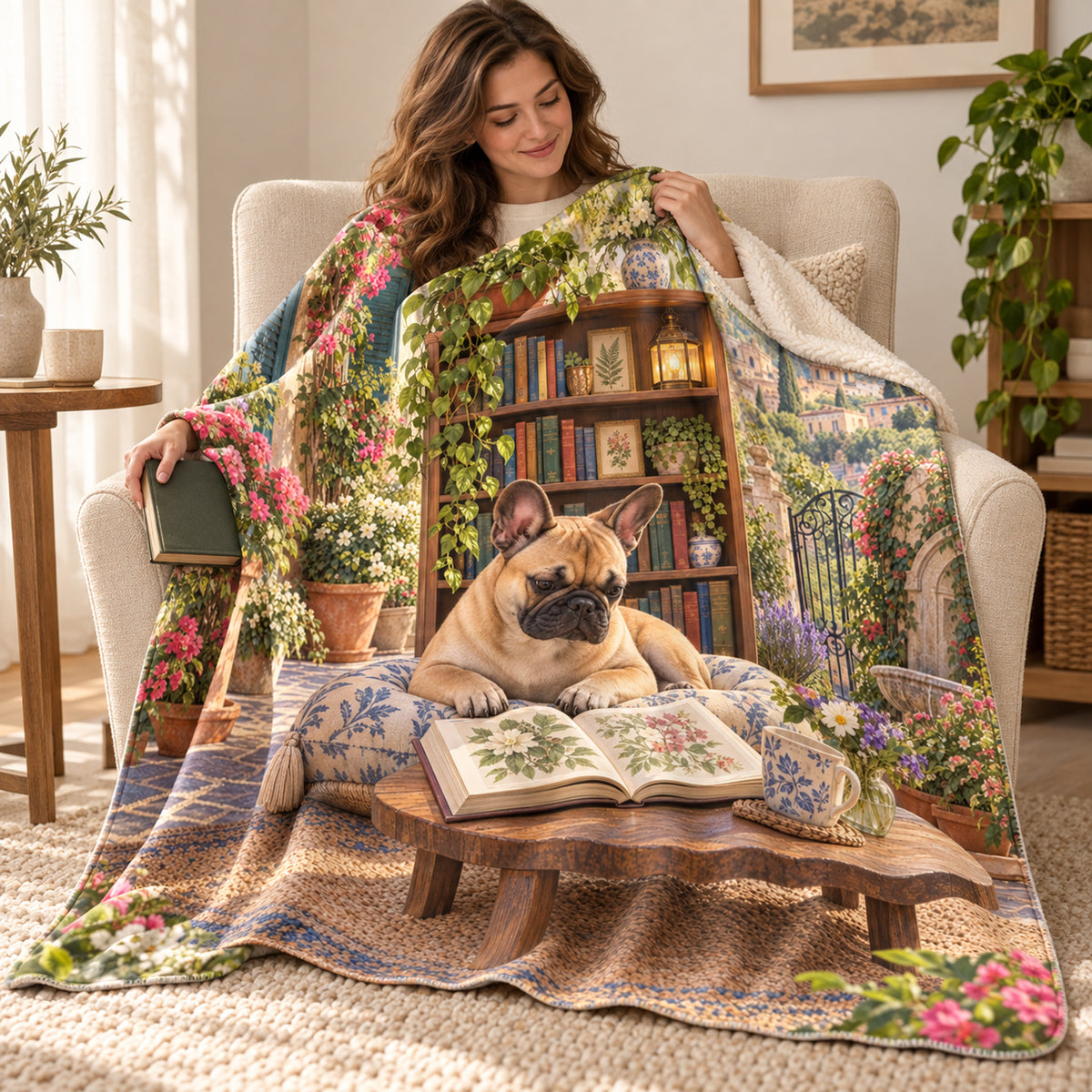 Courtyard Library blanket, wrapped around a reader