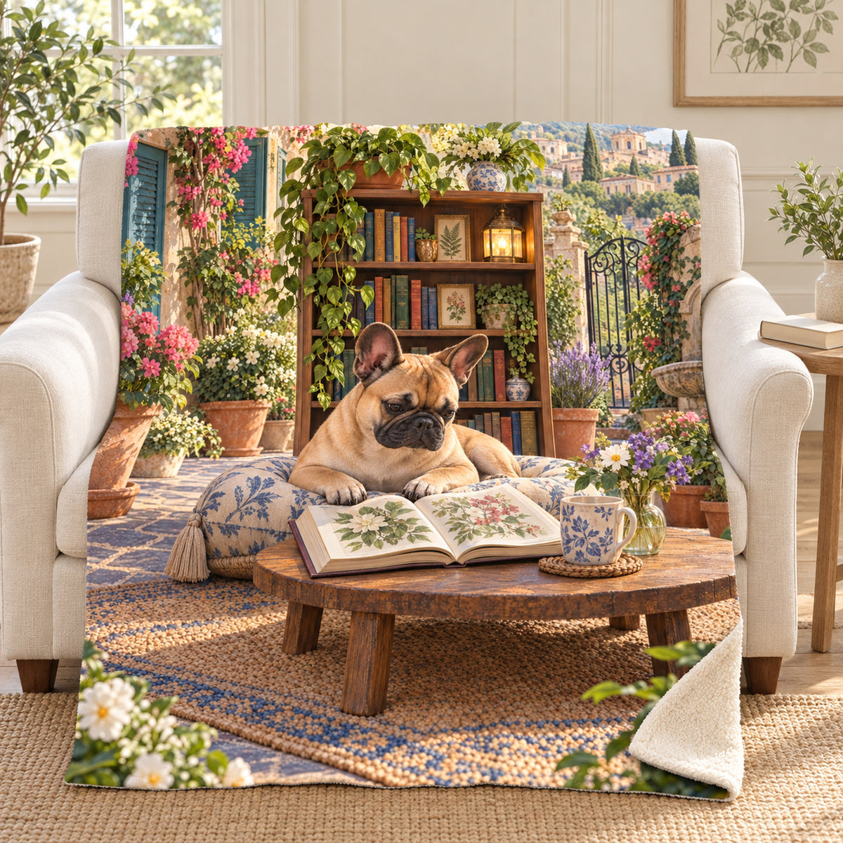 Courtyard Library blanket, on a sofa