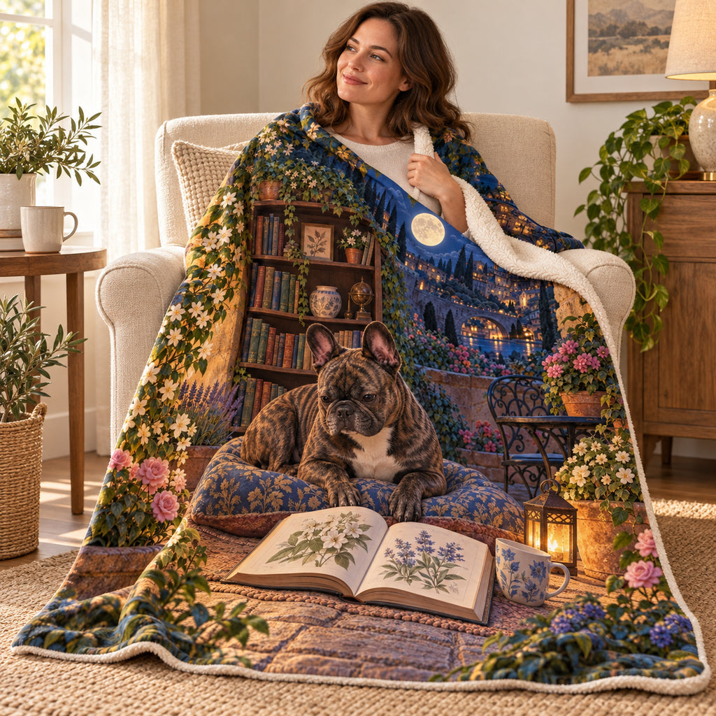 Moonlit Piazza blanket, wrapped around a reader