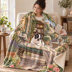 Fountain Garden blanket, wrapped around a reader