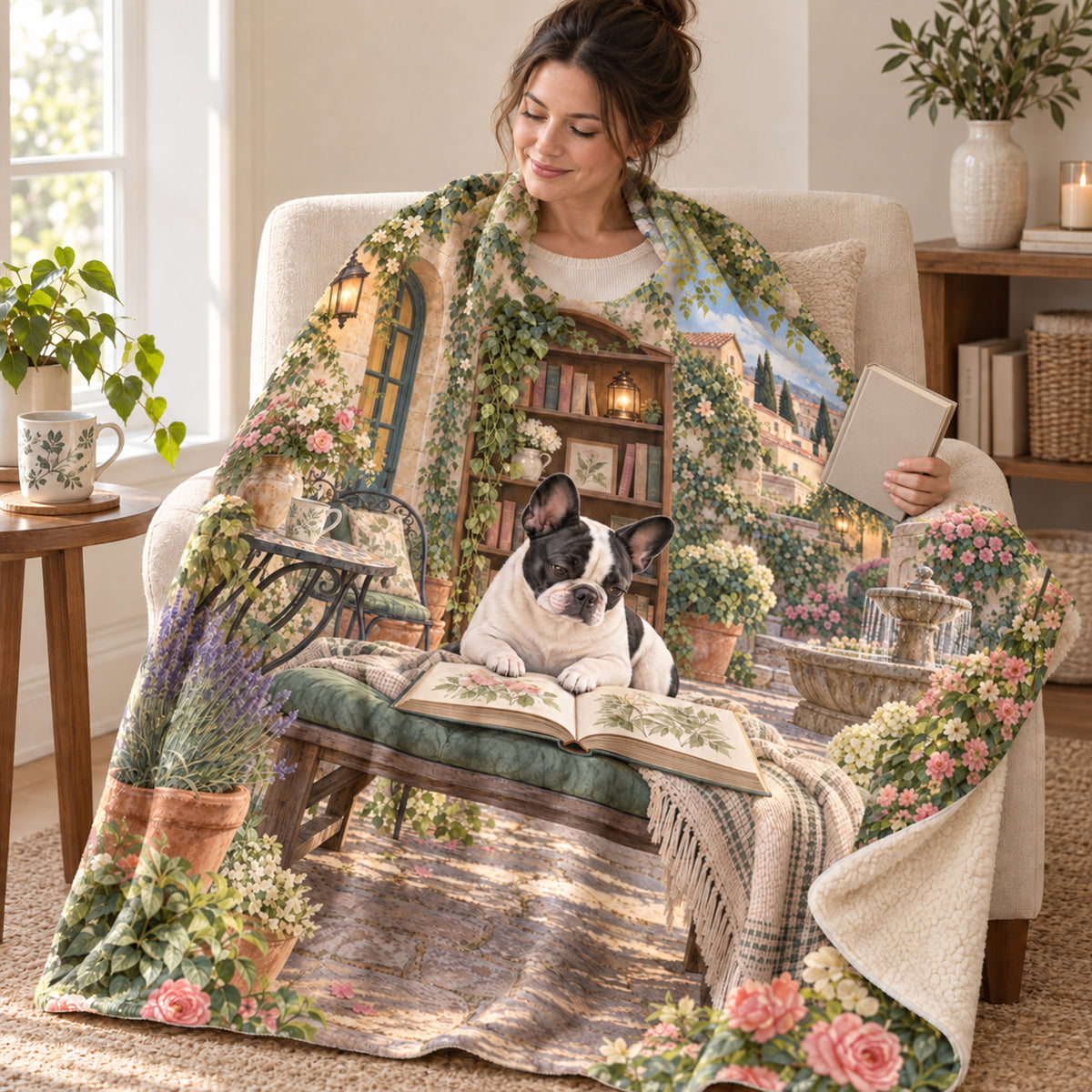 Fountain Garden blanket, wrapped around a reader