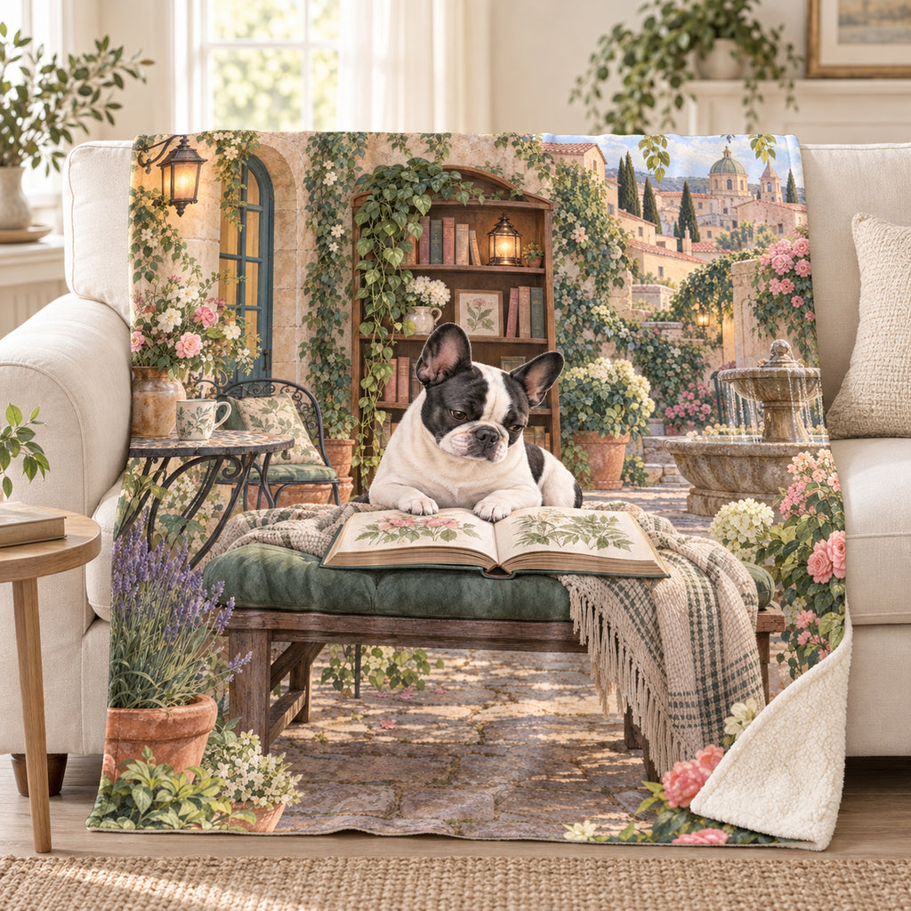Fountain Garden blanket, on a sofa