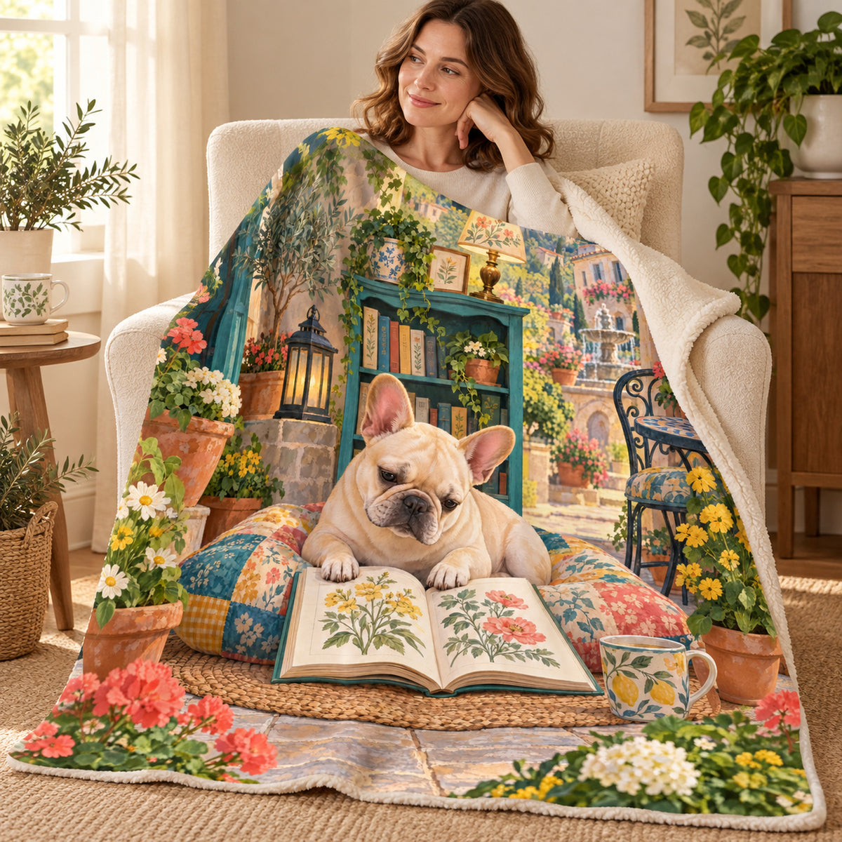 Rose Terrace Nap blanket, wrapped around a reader