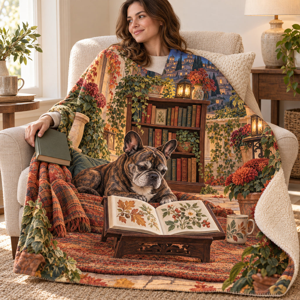 Autumn Courtyard blanket, wrapped around a reader