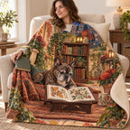 Autumn Courtyard blanket, wrapped around a reader