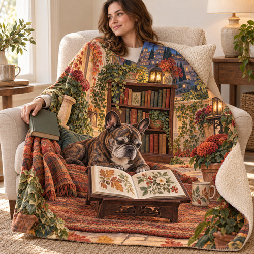 Autumn Courtyard blanket, wrapped around a reader