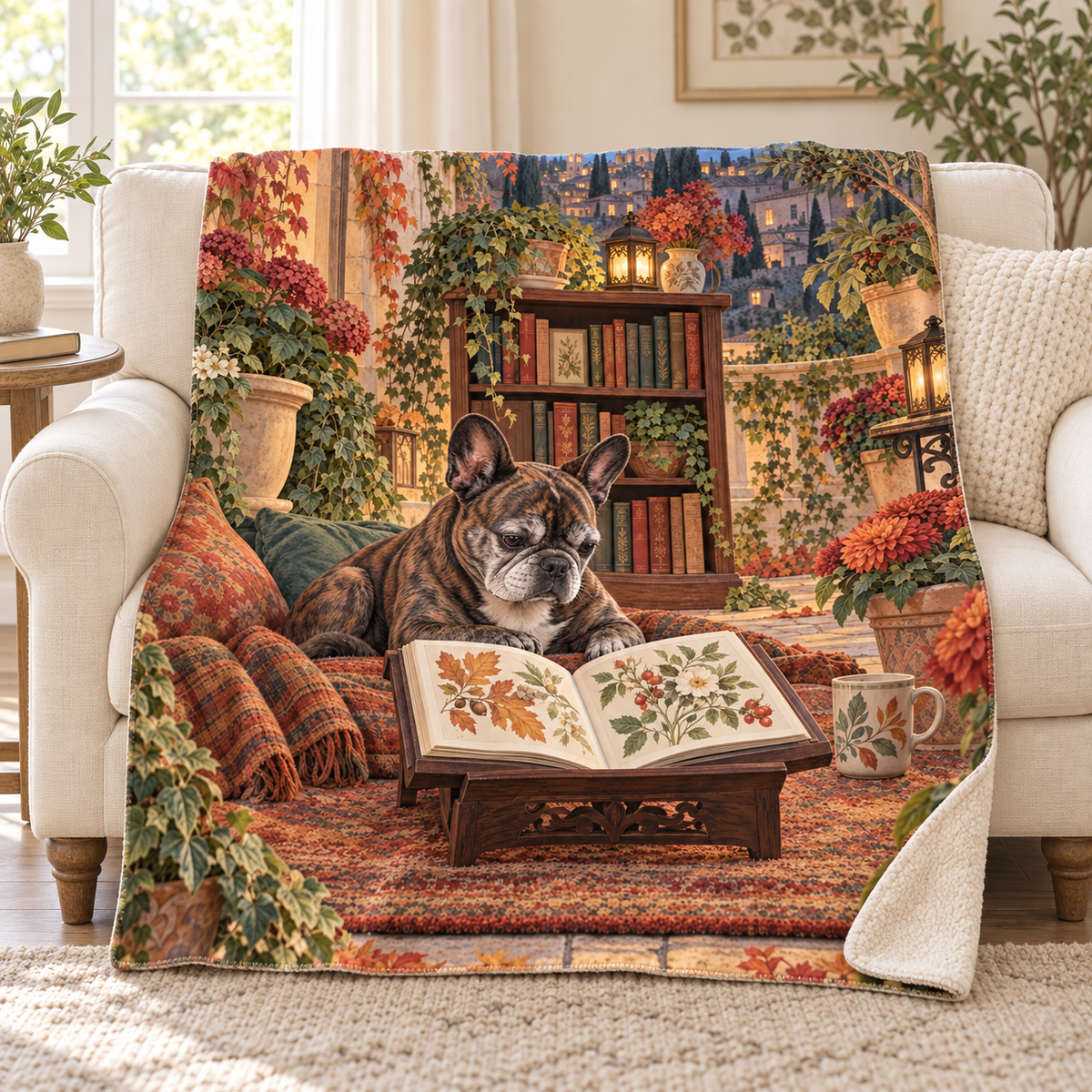 Autumn Courtyard blanket, on a sofa