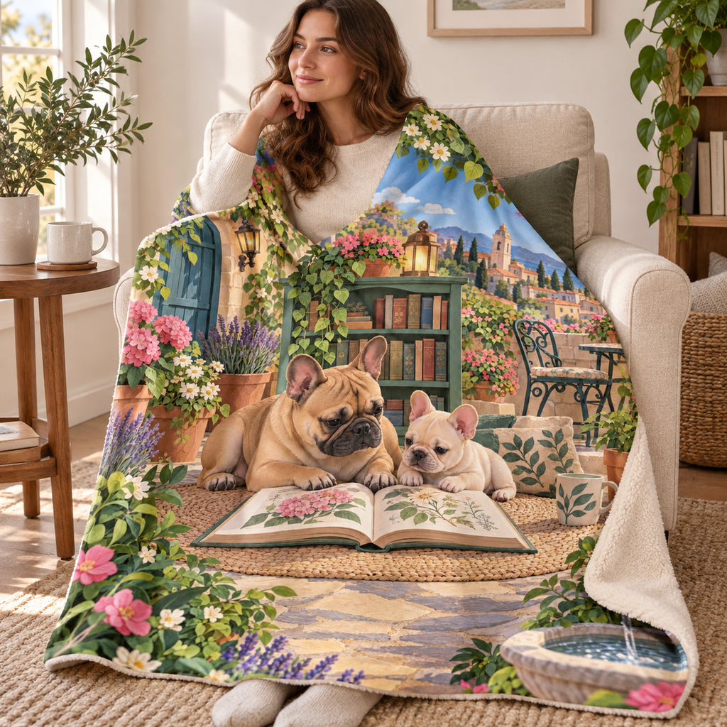 Frenchie and Pup blanket, wrapped around a reader