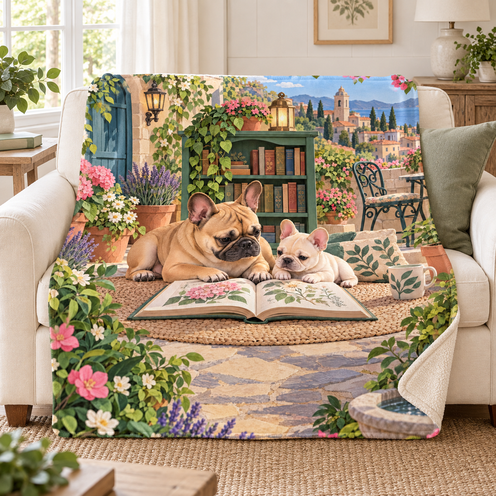 Frenchie and Pup blanket, on a sofa