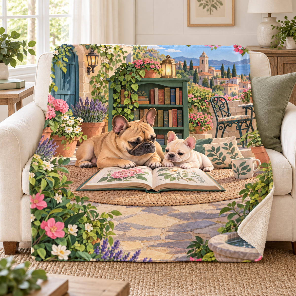 Frenchie and Pup blanket, on a sofa