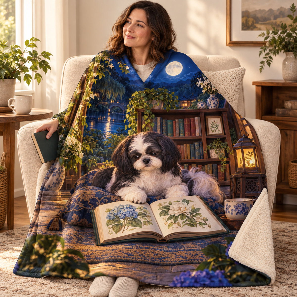 Moonlit Hydrangeas blanket, wrapped around a reader